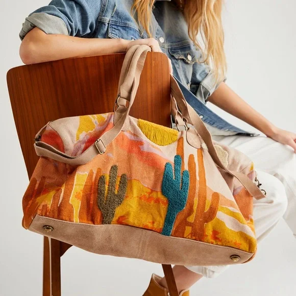 Free People New Horizons Suede & Canvas Weekender Bag- Cactus - Picture 3 of 8
